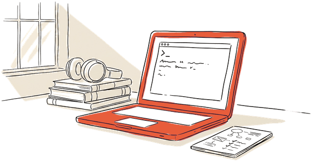 Learning setup with laptop, books and notes