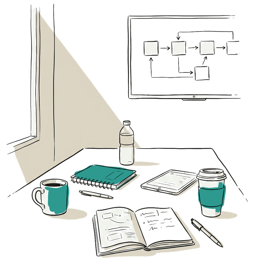 Team workspace with flowchart and notebooks